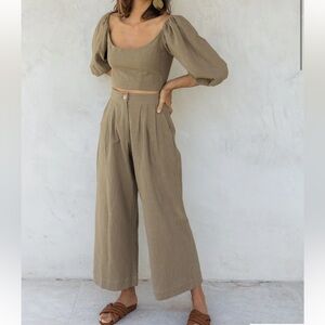 Kara Thoms The Baye Wide Leg Trouser Pant in Textured Linen Khaki Green Small